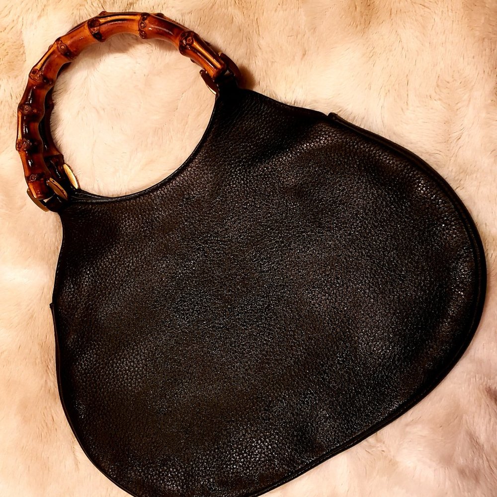 Vintage Gucci Black Pebbled Leather Handbag Bamboo Handles